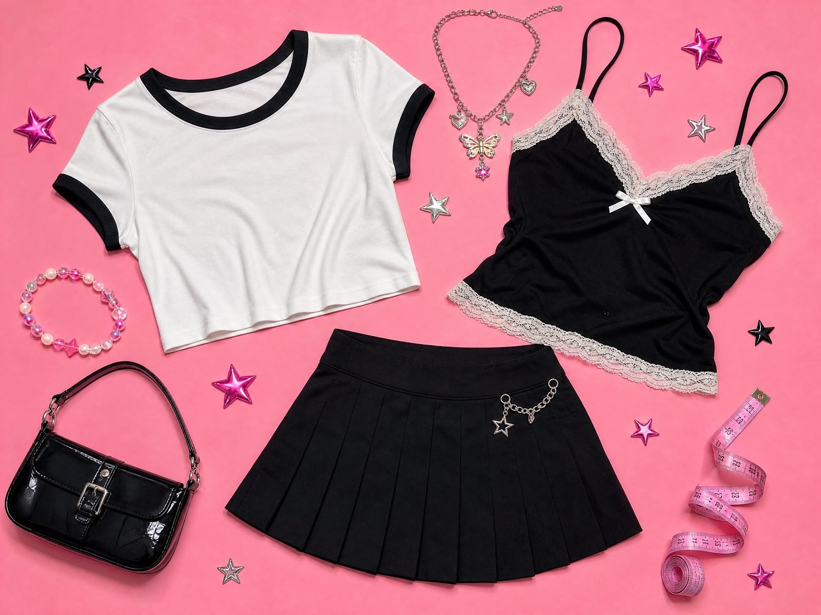 Flat lay of a Y2K outfit with charms and a mini bag