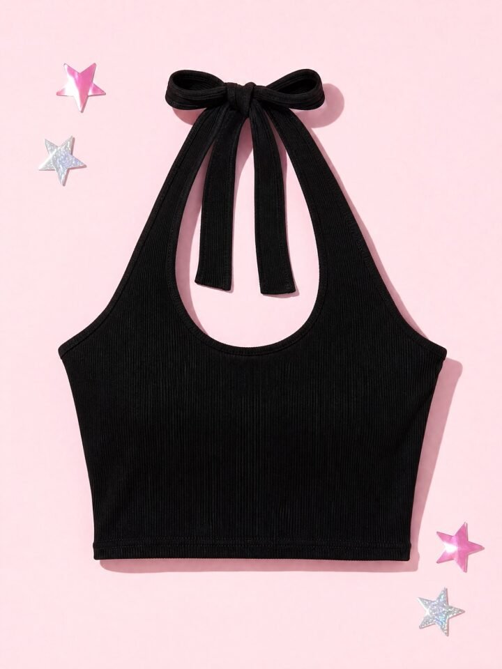Halter Rib Crop Top in Black