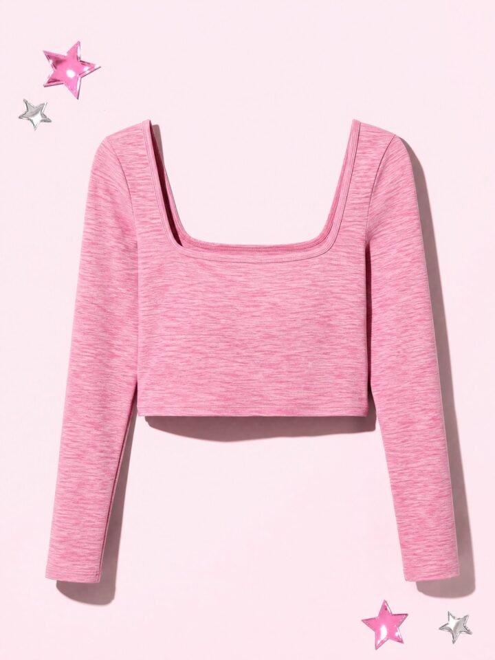 Square Neck Long Sleeve Crop in Pink Marl
