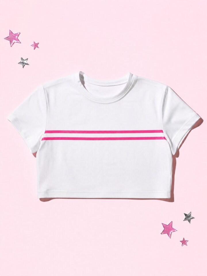 Twin Stripe Crop Tee in White / Pink Stripe