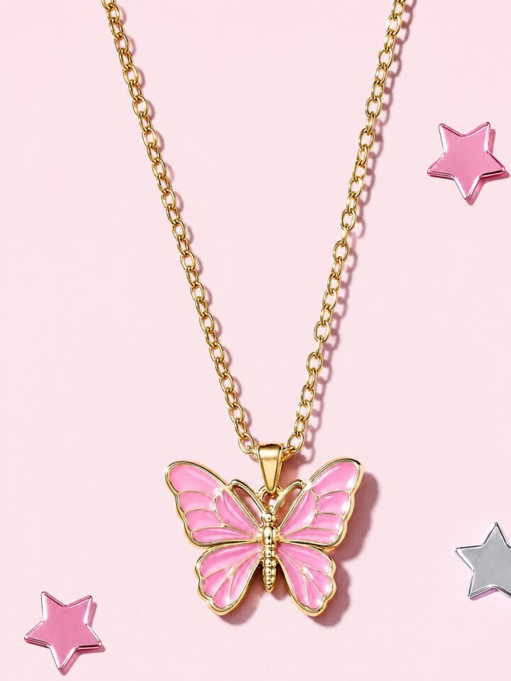 Butterfly Pendant Necklace in Gold-tone / Pink