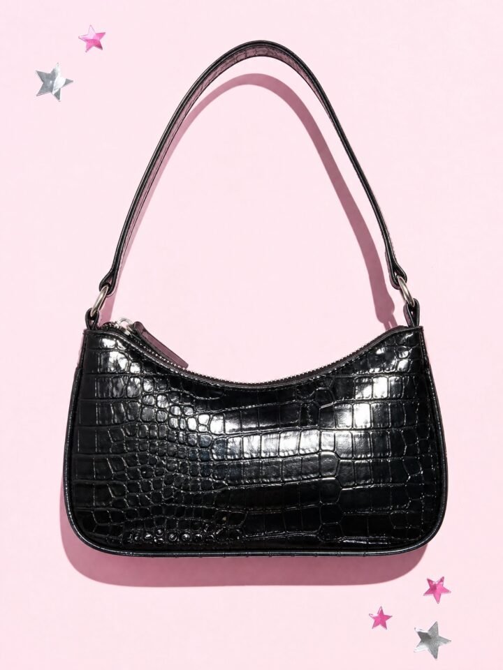 Croc-Effect Underarm Bag in Black