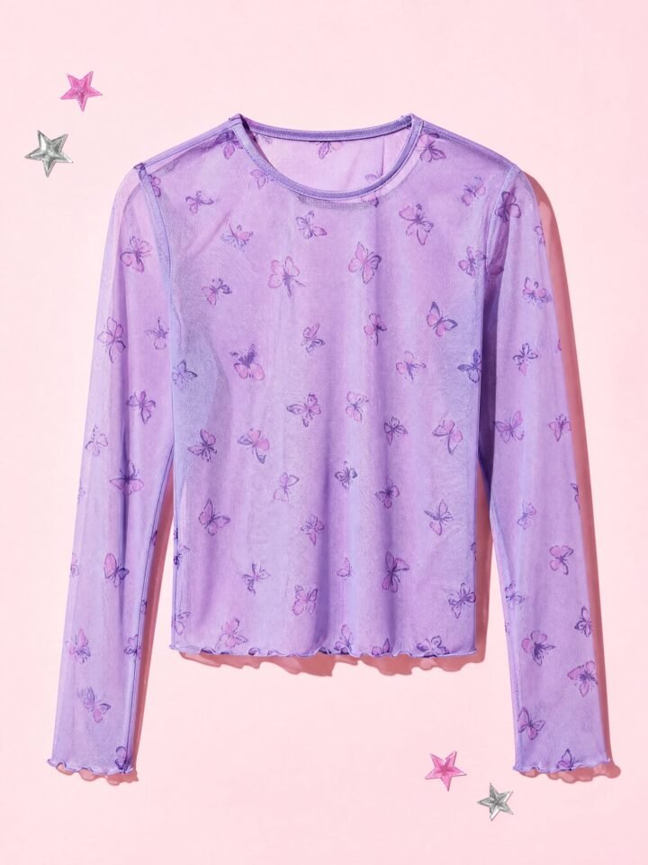 Butterfly Print Mesh Top in Lilac