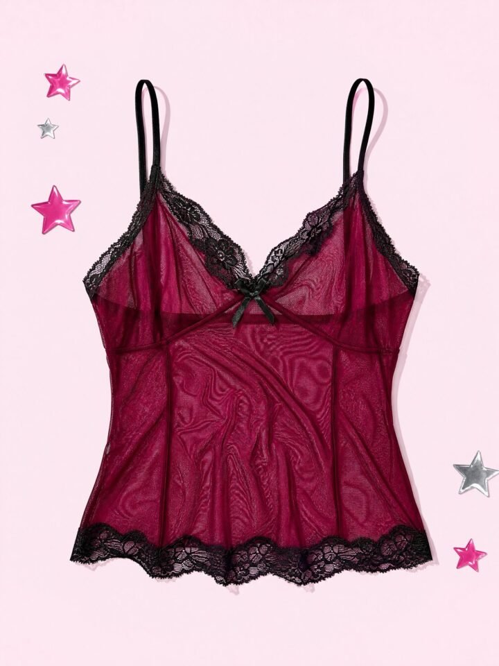 Lace Edge Mesh Cami in Berry