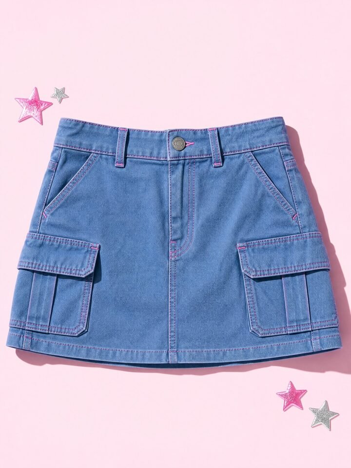 Denim-Look Cargo Mini in Washed Blue